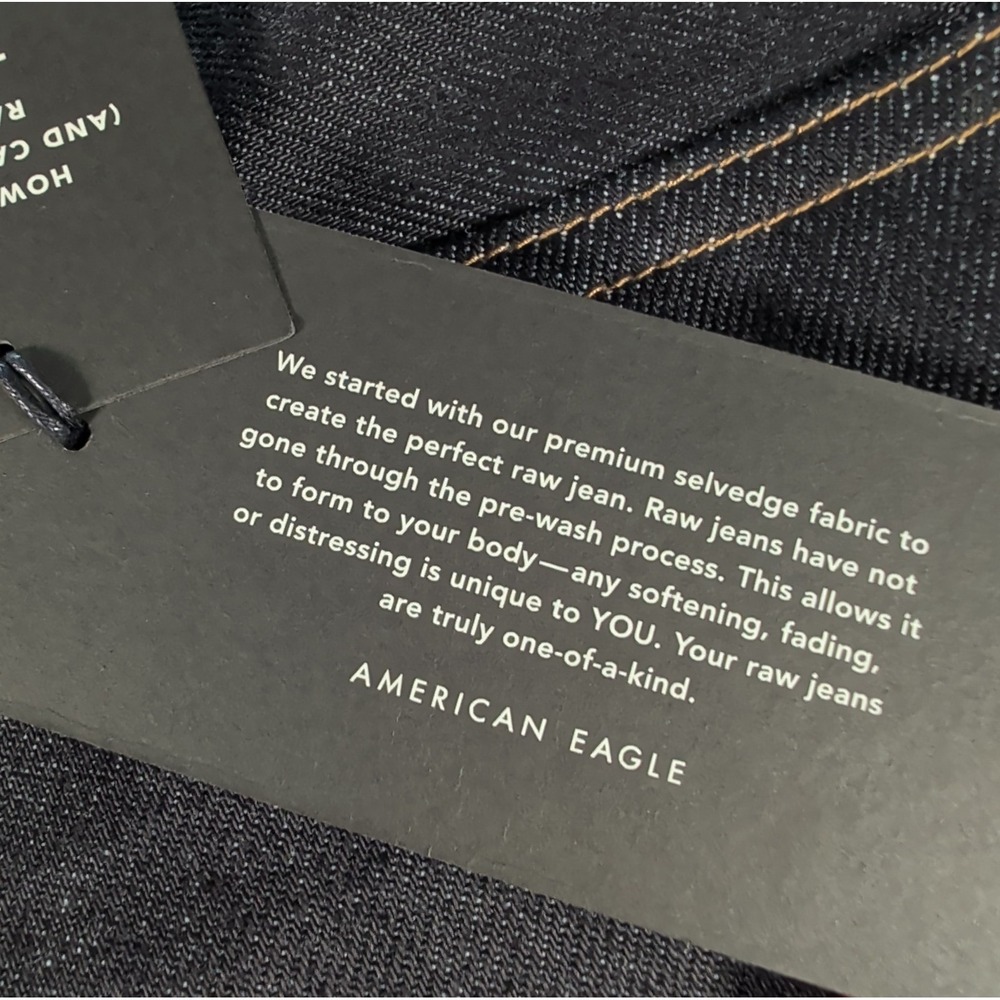 NWT American‎ Eagle Raw Selvedge Denim Jeans Men 28x28 Slim Dark Wash Crop Pants - Picture 15 of 16